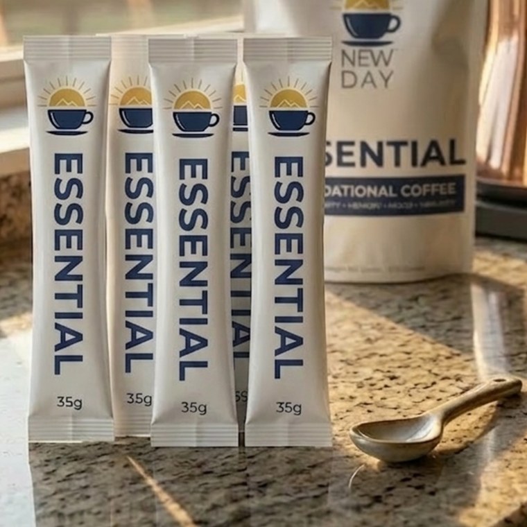 Essential single-serve sticks beside the pouch and a wooden spoon