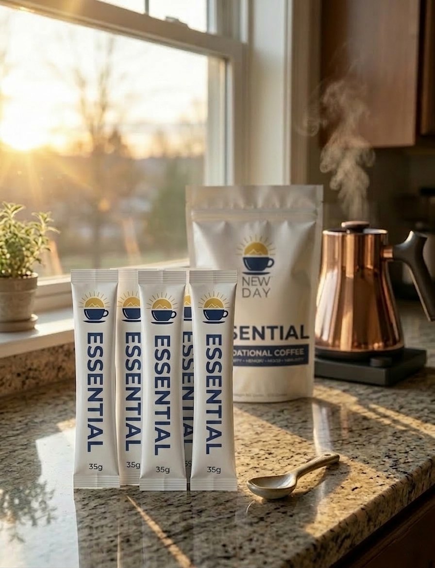 Four single-serve Essential sticks and the New Day pouch on a sunlit kitchen counter